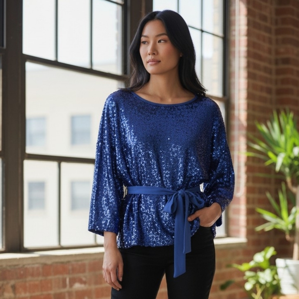 Kocca Collection Elegant Navy Sequin Blouse with Belt. Made In Italy.